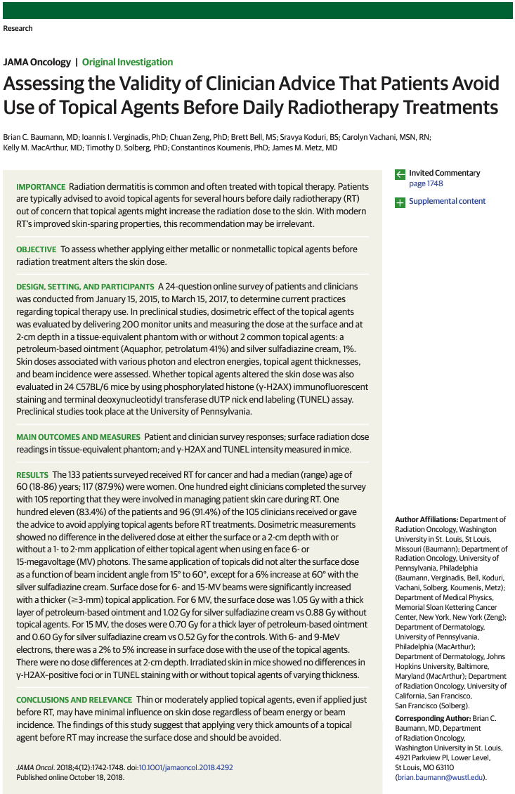 Assessing the Validity of Clinician Advice That Patients Avoid Use of Topical Agents Before Daily Radiotherapy Treatments