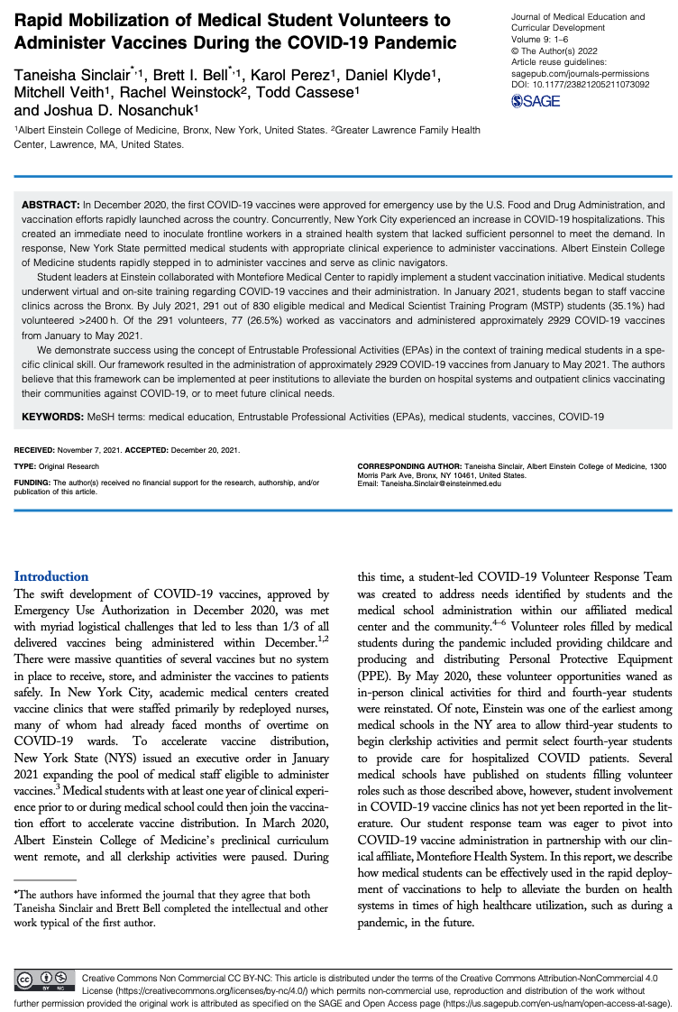 Rapid Mobilization of Medical Student Volunteers to Administer Vaccines During the COVID-19 Pandemic